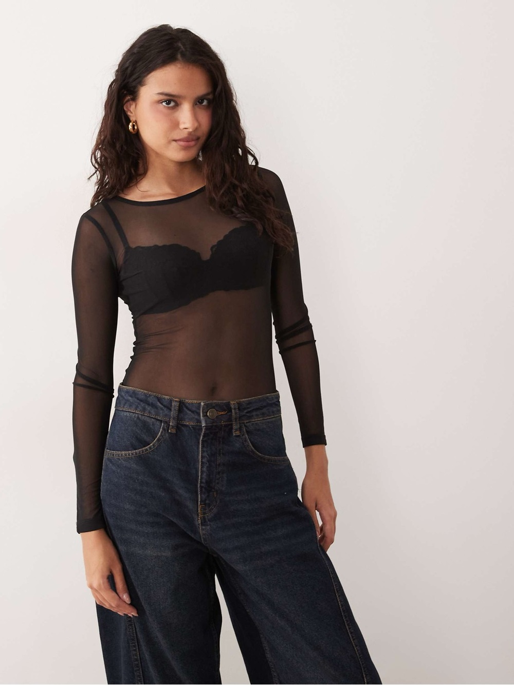 ASOS DESIGN mesh long sleeve bodysuit in black